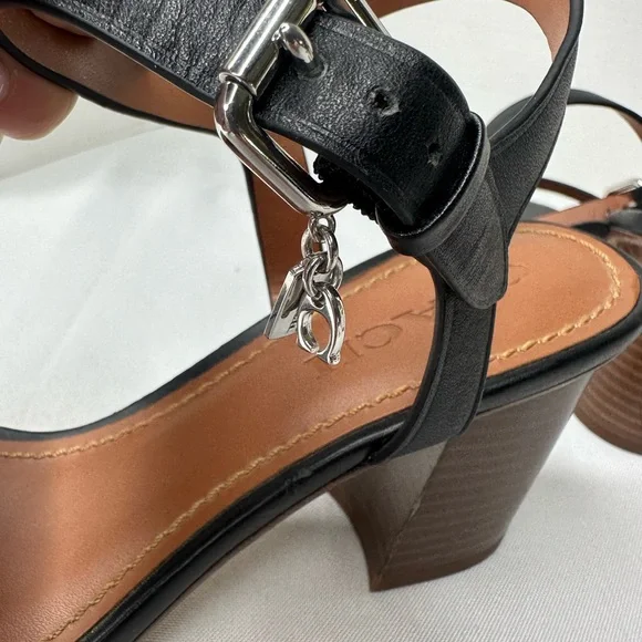 Coach Black Leather Block Heel Sandals with Silver Buckle - Picture 7 of 8